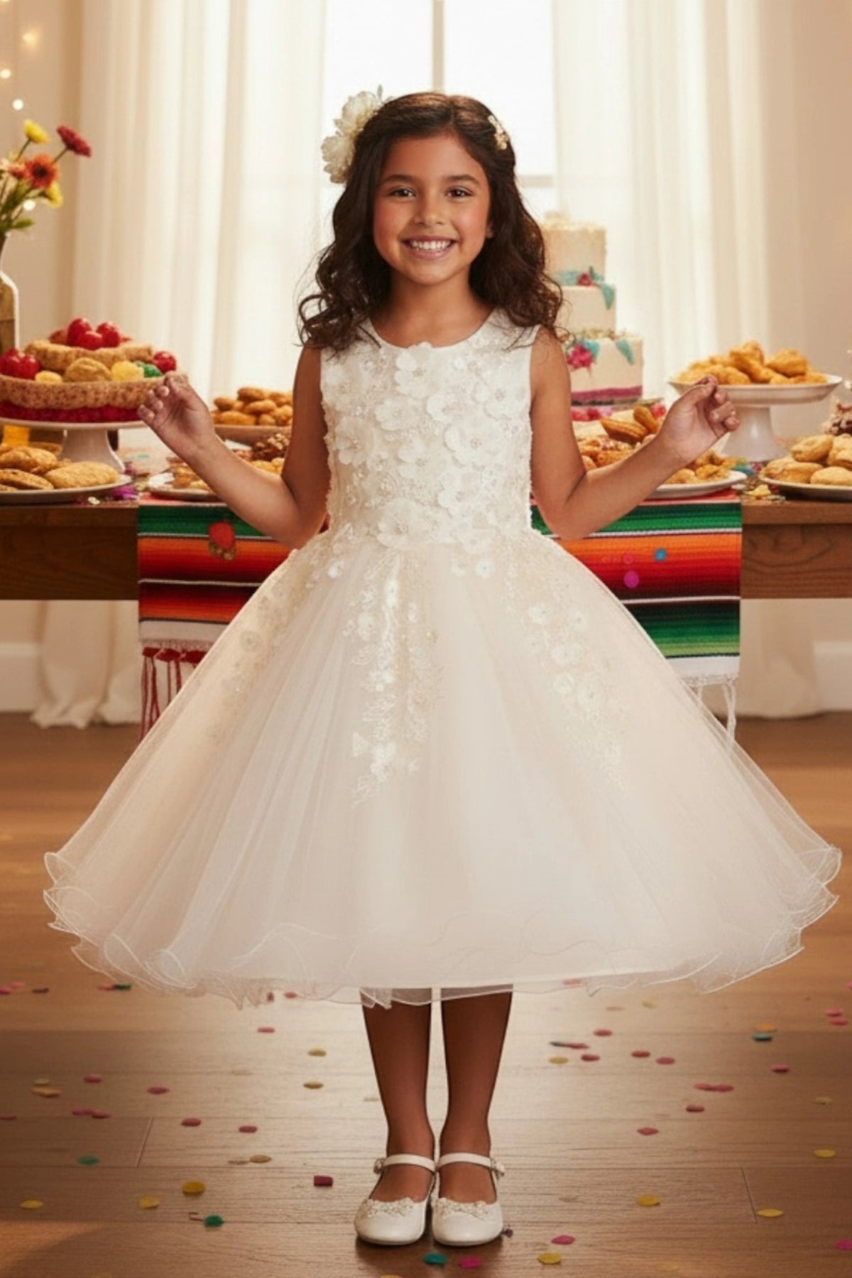 Showcasing with three-dimensional flowers on the bodice, this Champagne kids party dress displays elegant detail.