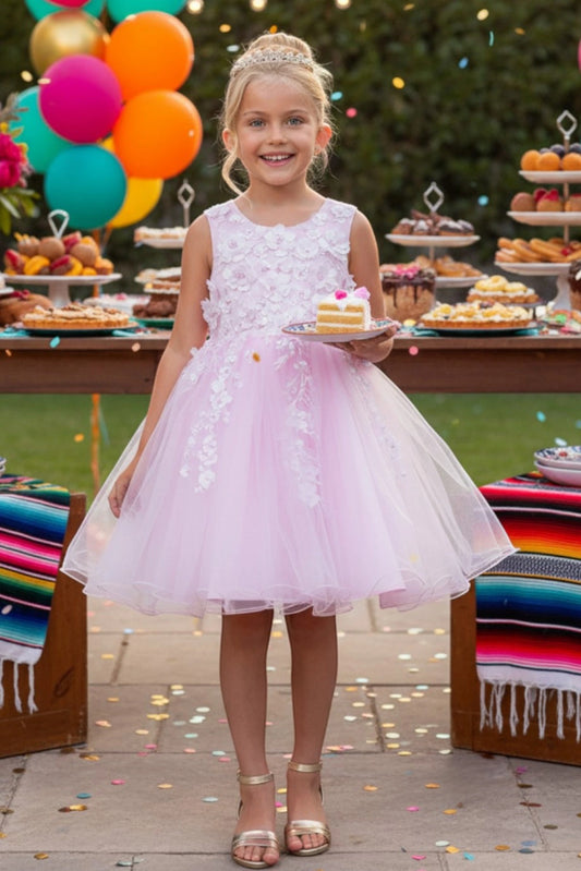 Showcasing with three-dimensional flowers on the bodice, this Pink kids party dress displays elegant detail.