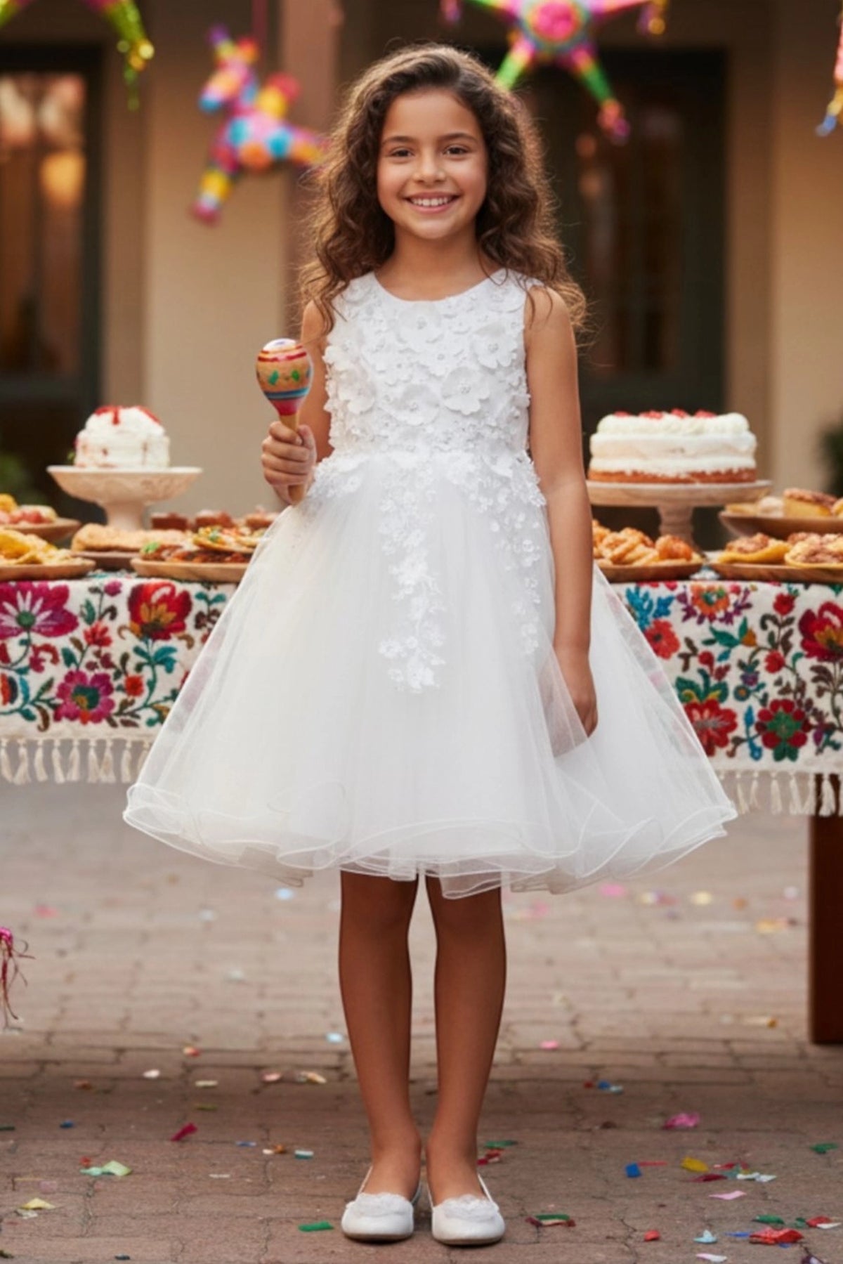 Finished details of a full tulle skirt distinguish the White kids party dress.