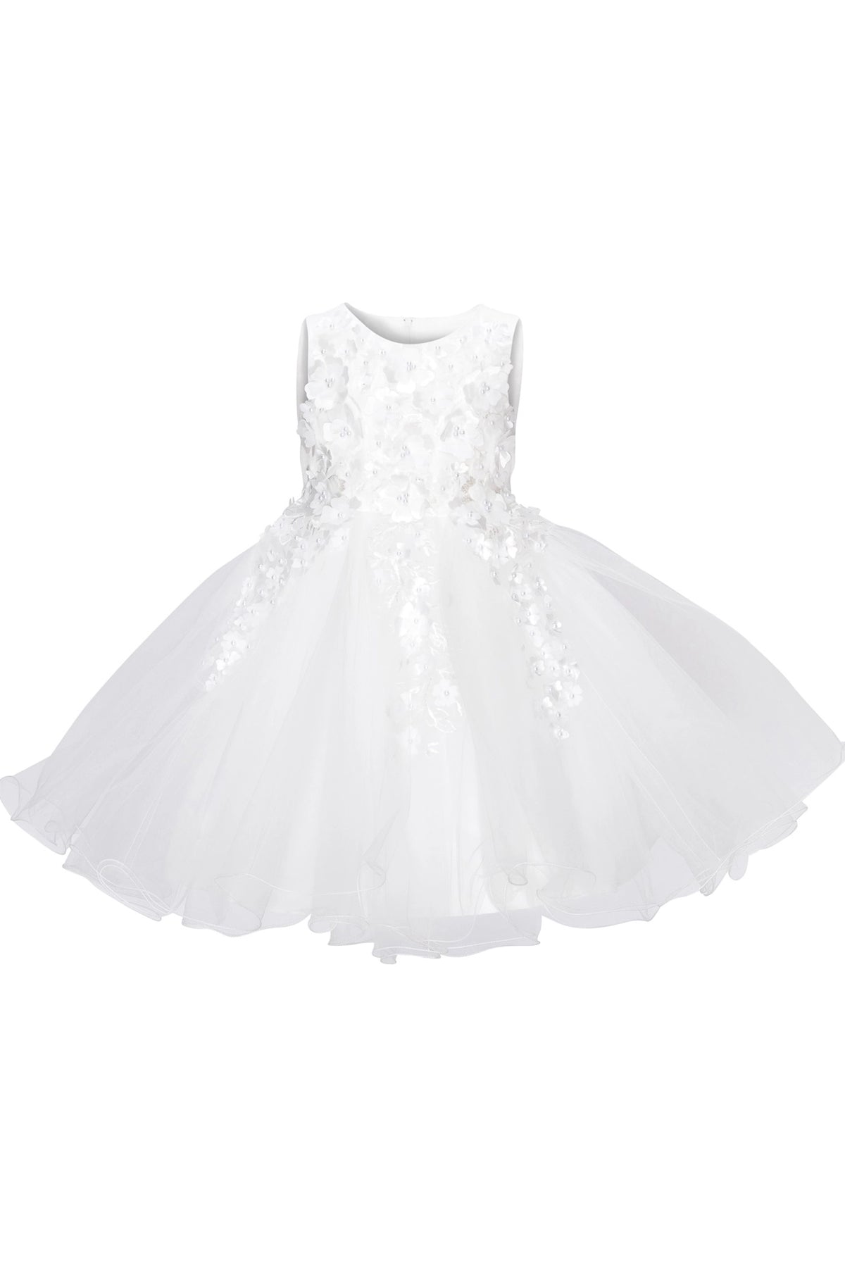 Detailed by three-dimensional flowers on the bodice, the White kids party dress reveals its construction.
