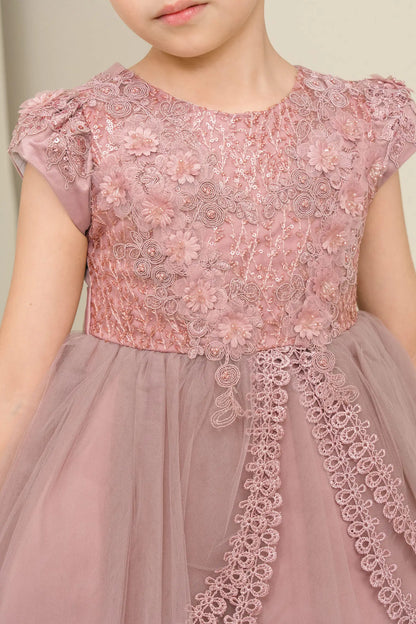 Visible on this Mauve flower girl dress: floral lace at the bodice and capped sleeves.