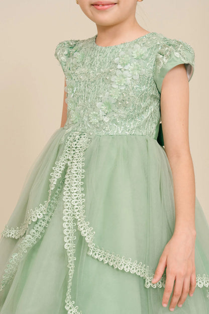 Visible on this Sage flower girl dress: lace bodice with softly capped sleeves.