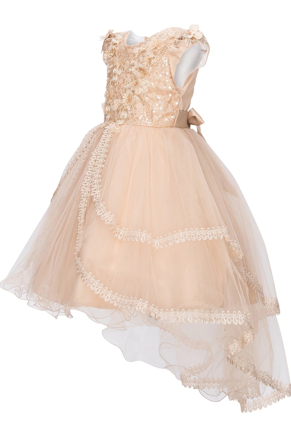 View of this Taupe flower girl dress with lace bodice above the high-low skirt.