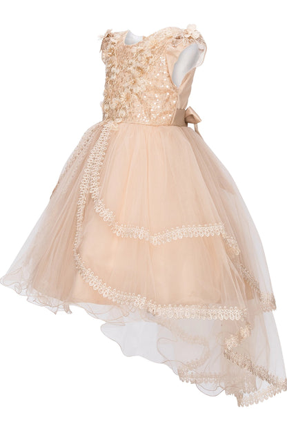 View of this Taupe flower girl dress with lace bodice above the high-low skirt.