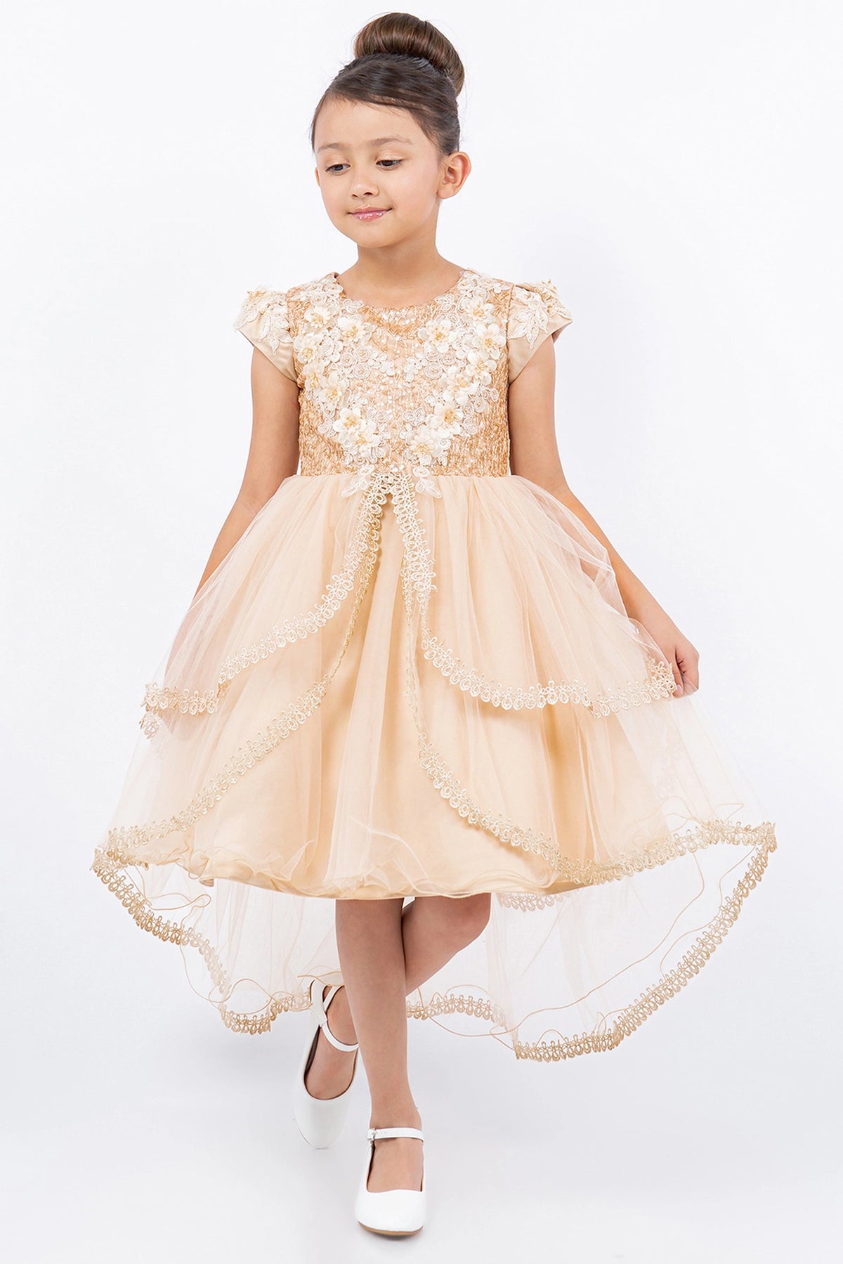 Featuring layered lace-edged tulle skirt on the Taupe flower girl dress.