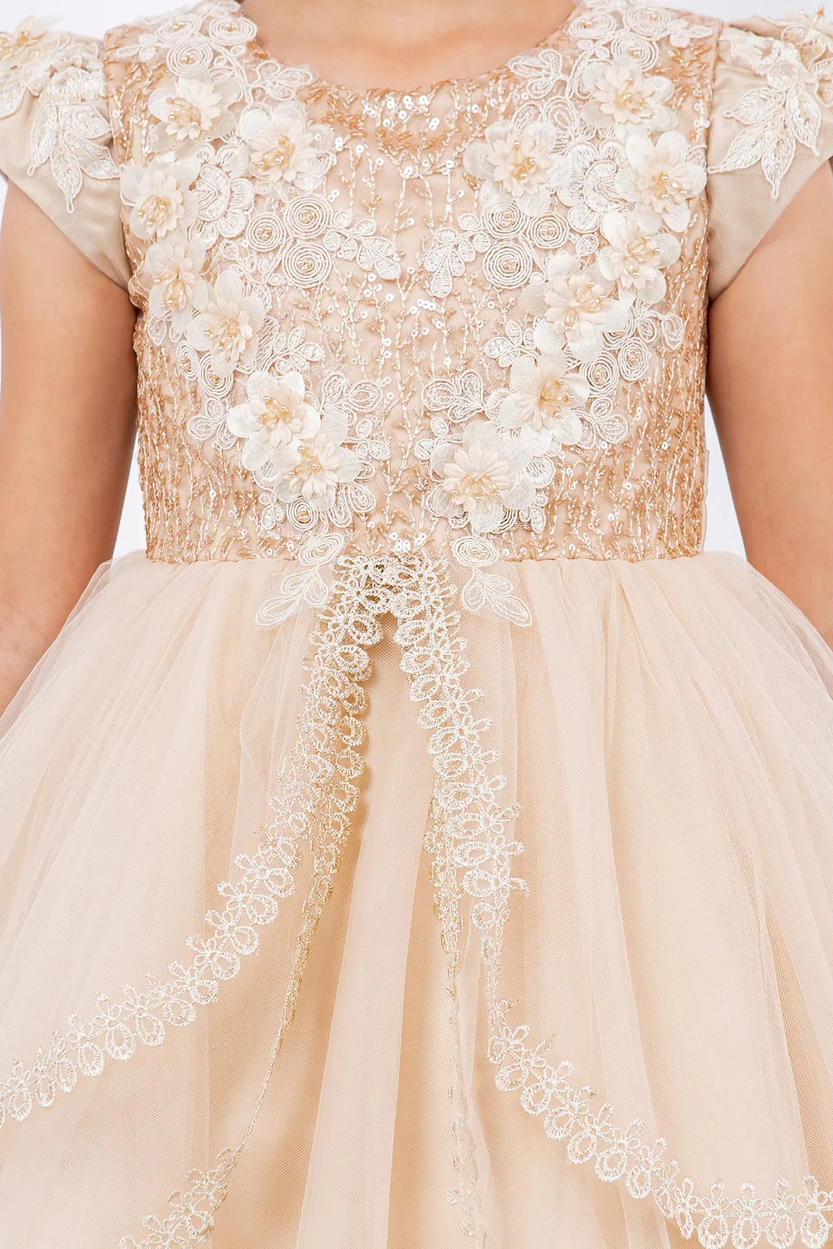 Visible on this Taupe flower girl dress: raised lace across the cap-sleeve bodice.