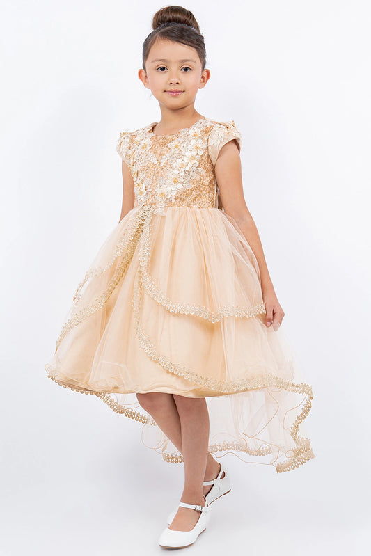Taupe flower girl dress features floral lace bodice and flowing high-low skirt.