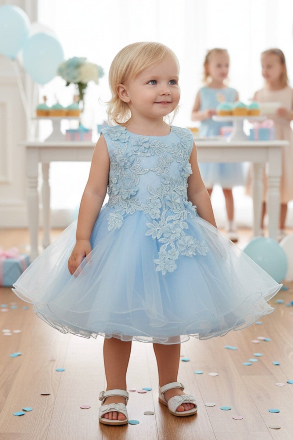 Blue flower girl Dress Front View With Embroidered Bodice And Layered Tulle Skirt.