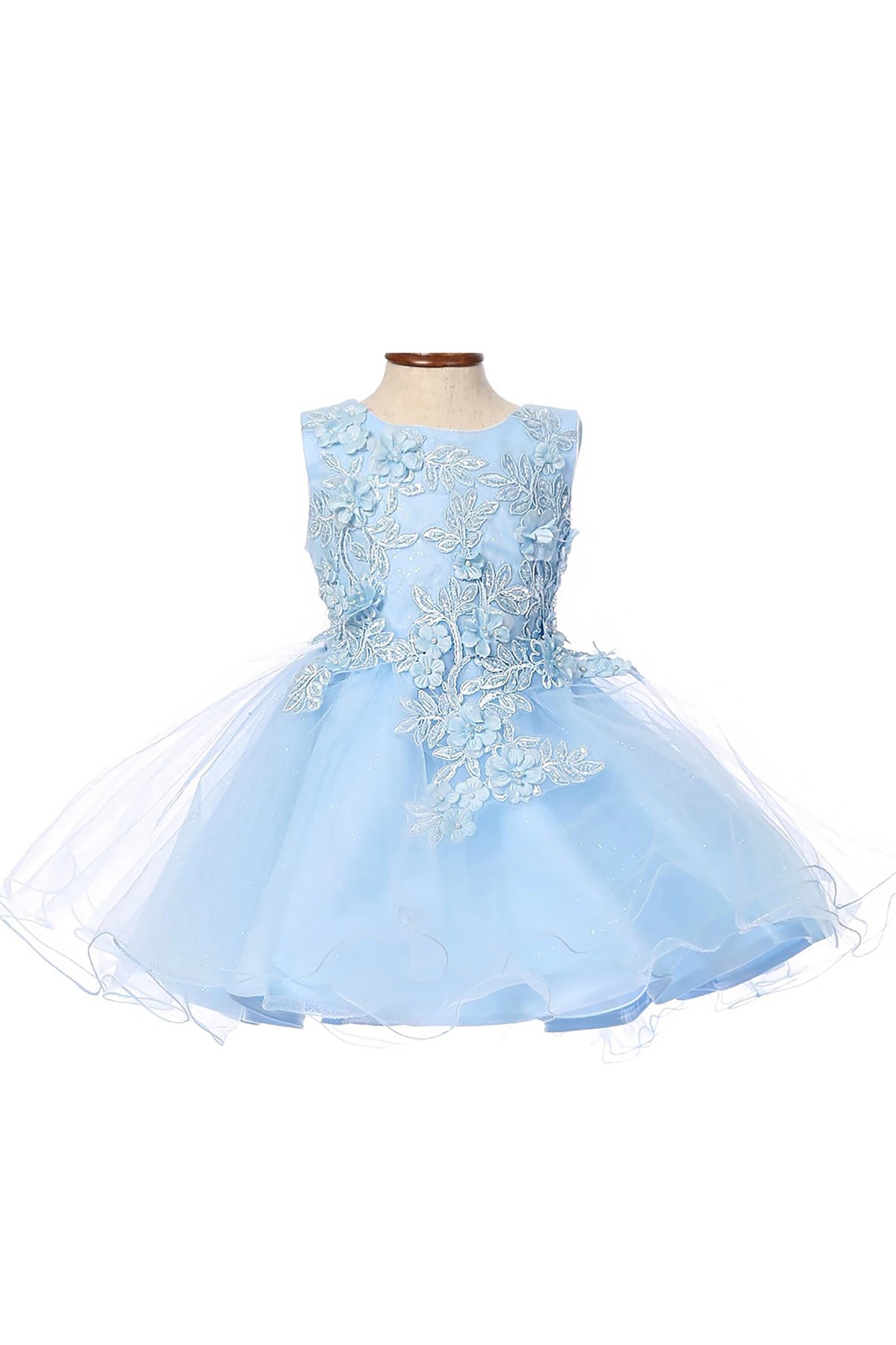 Light blue flower girl dress with floral lace details.