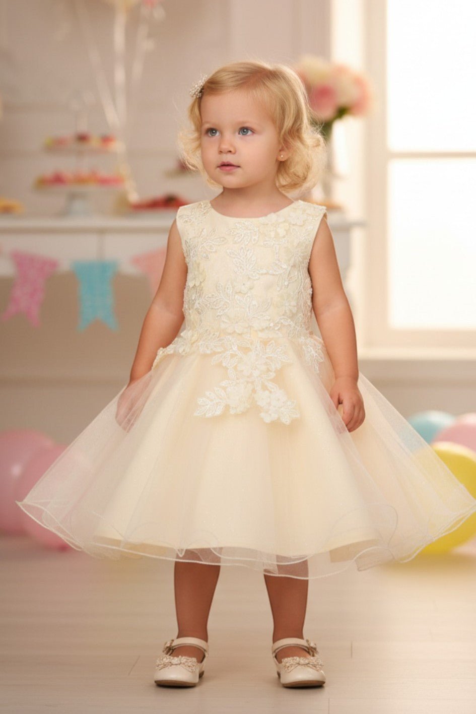 Champagne flower girl Dress Front View With Layered Skirt And Oversized Bow Detail.