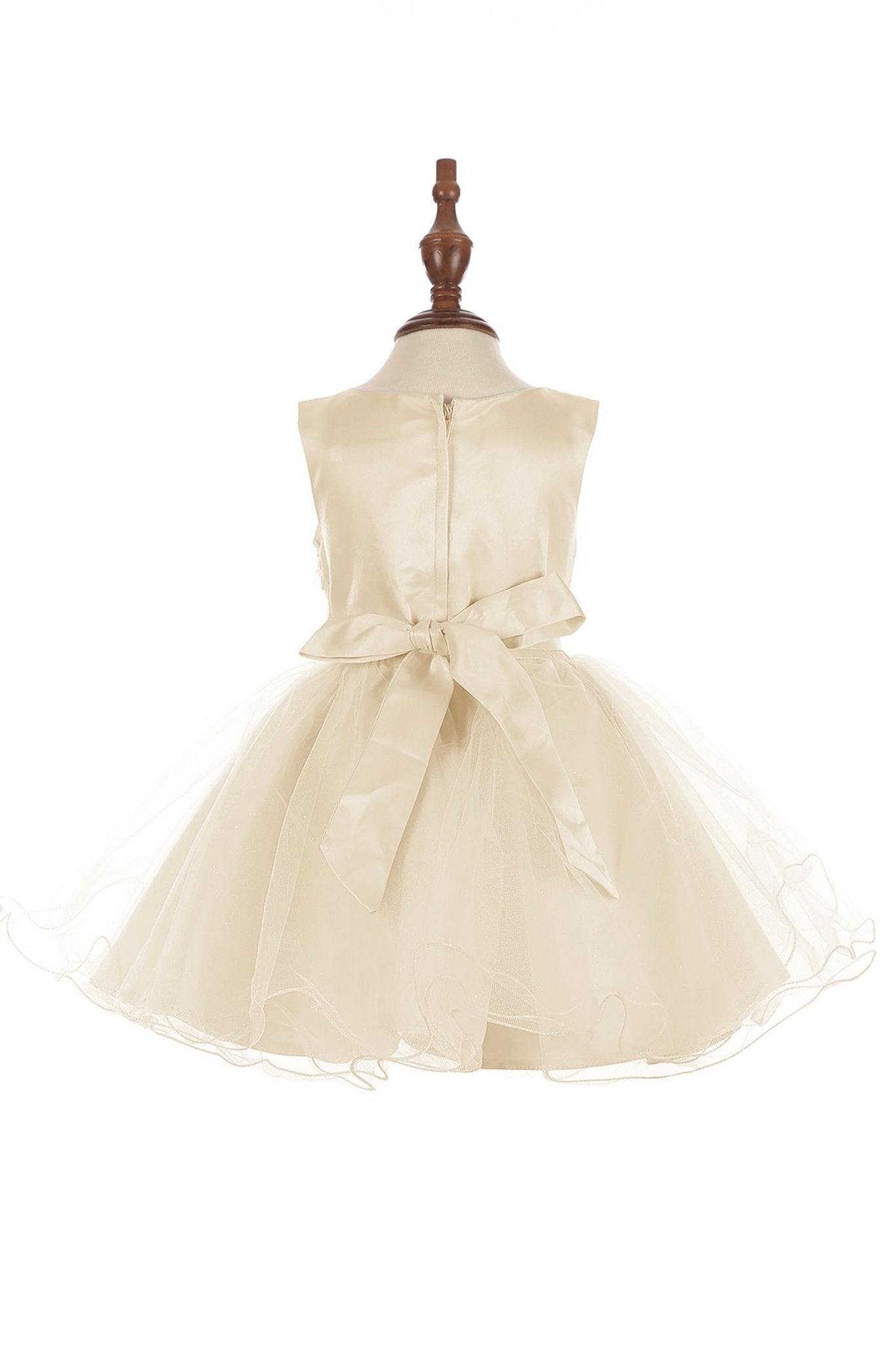 Front view of Champagne Baby 3D Floral Lace Tulle flower girl dress.