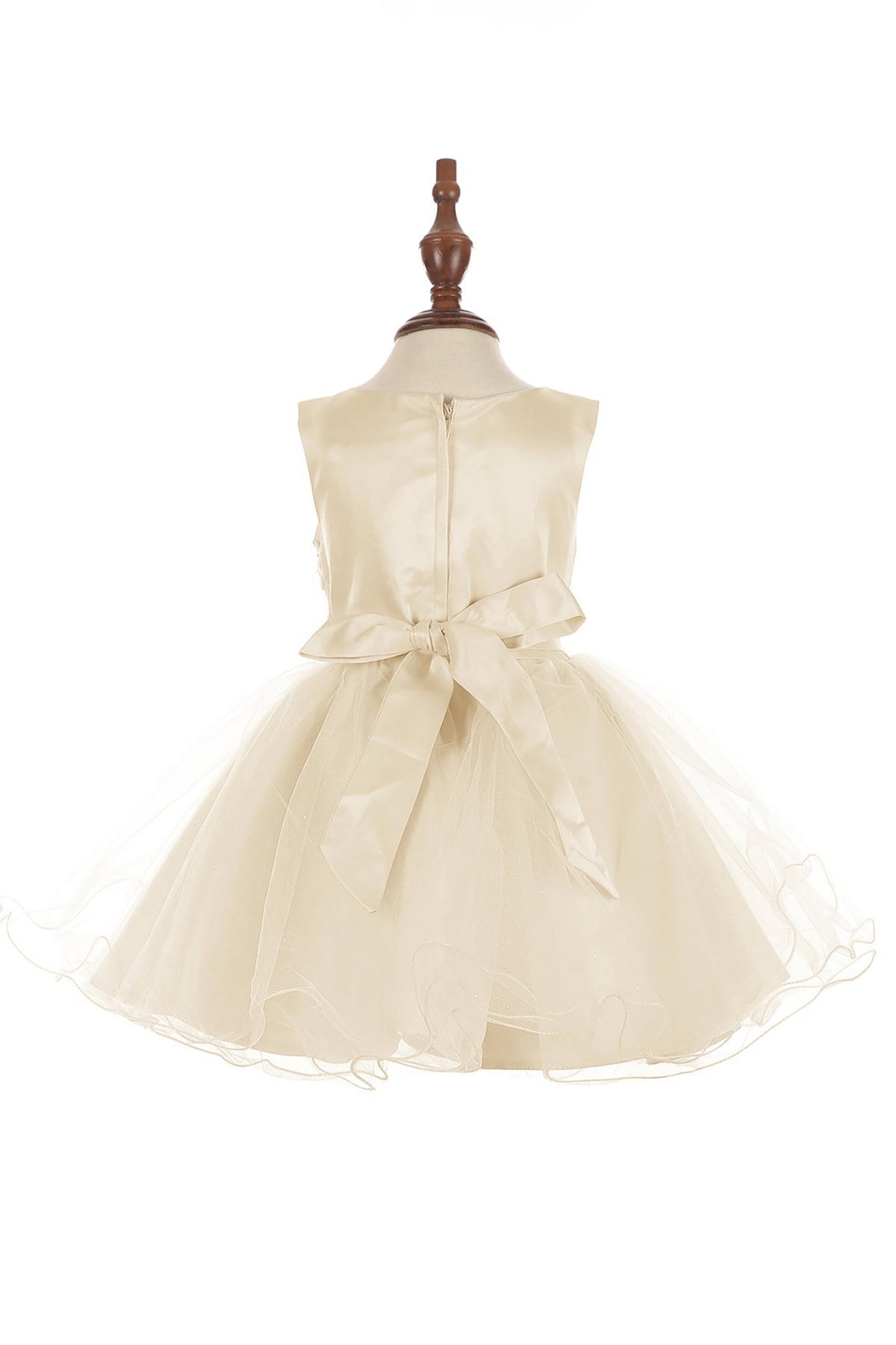 Front view of Champagne Baby 3D Floral Lace Tulle flower girl dress.