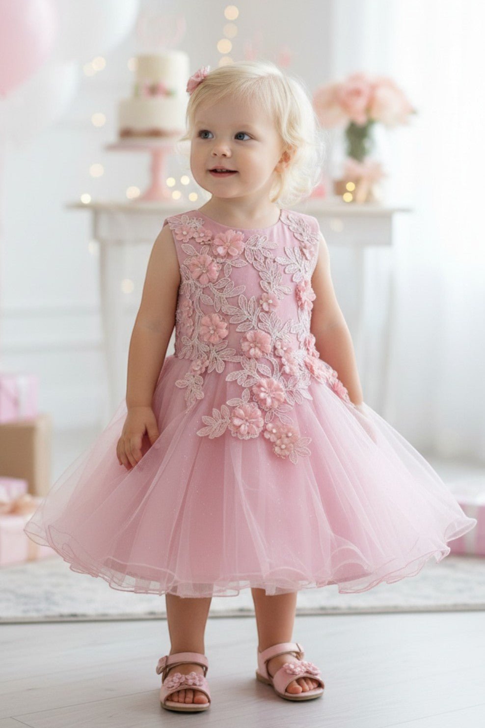 Dusty Rose flower girl Dress Front View With Layered Skirt And Oversized Bow Detail.