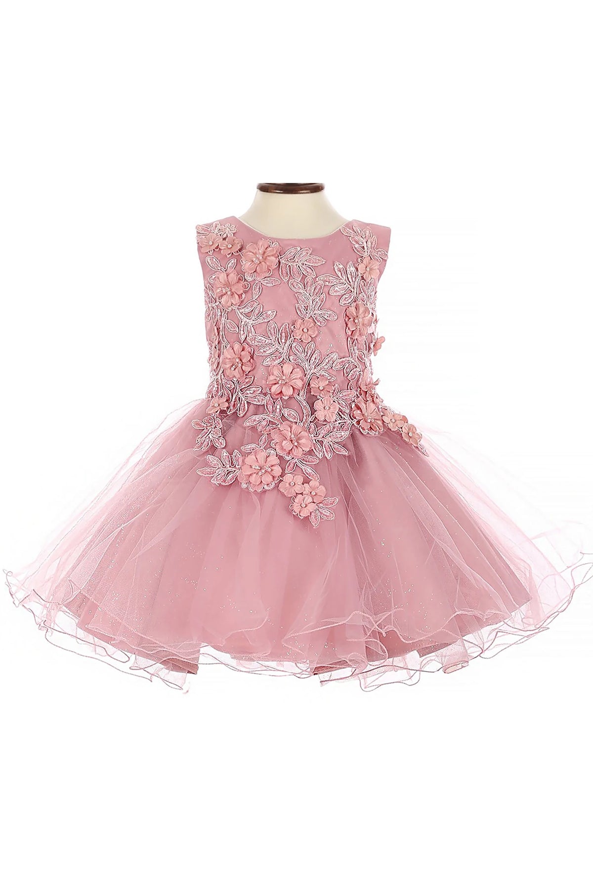 Dusty rose flower girl dress with floral embroidery.