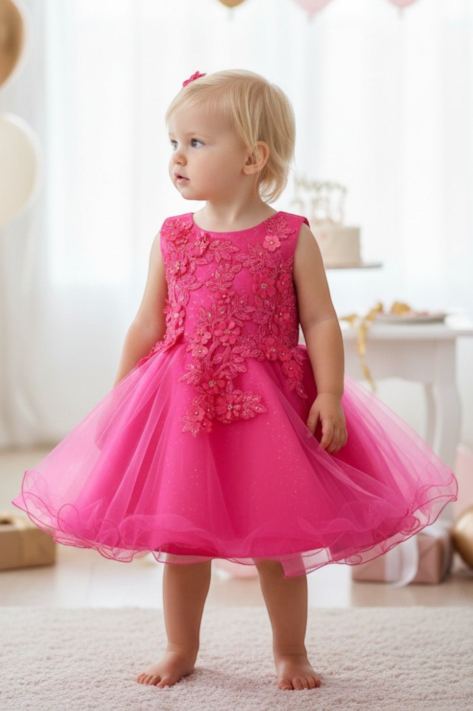 Fuchsia flower girl Dress Front View With Layered Skirt And Oversized Bow Detail.