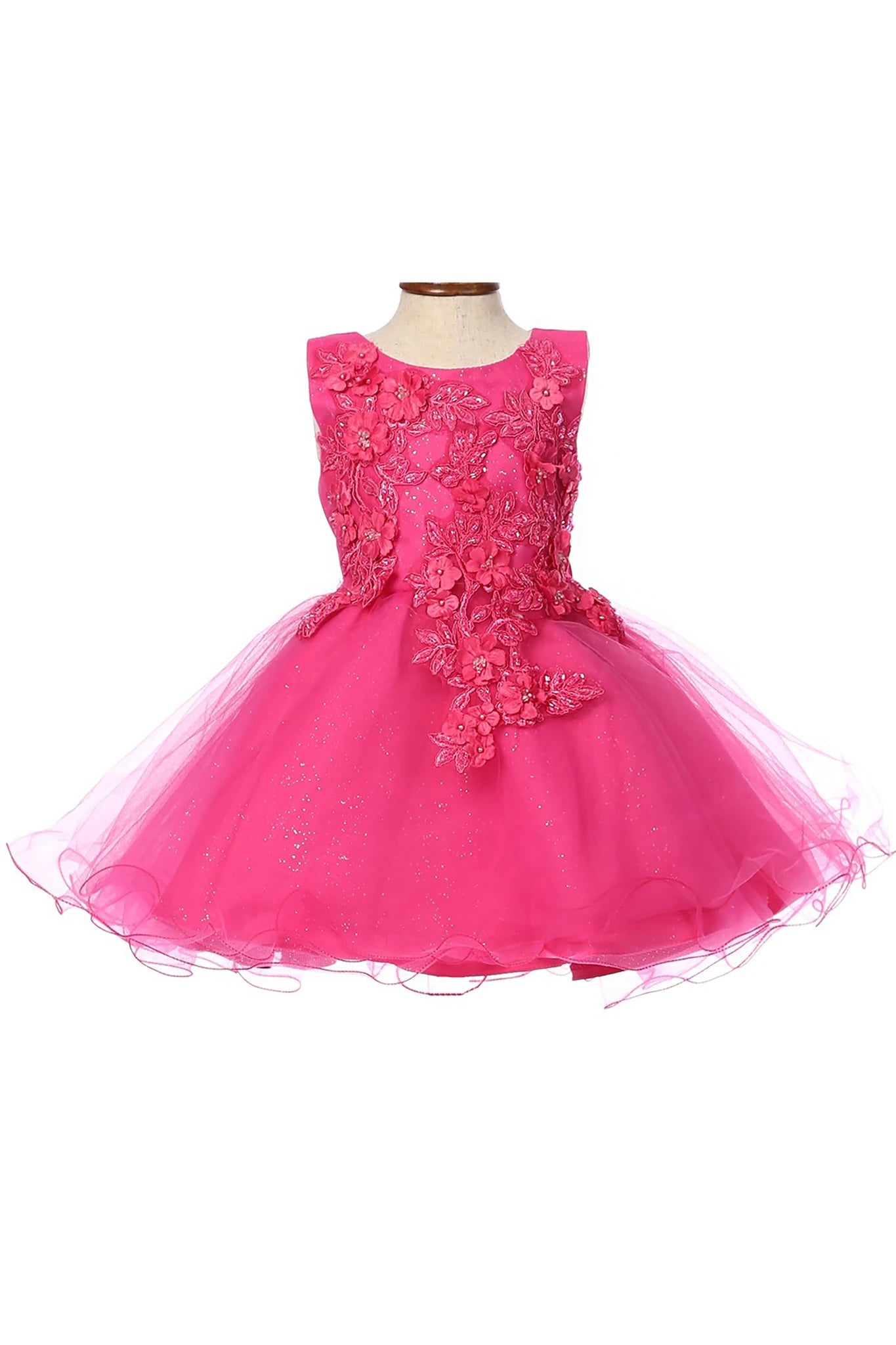 Fuchsia flower girl dress with floral details.