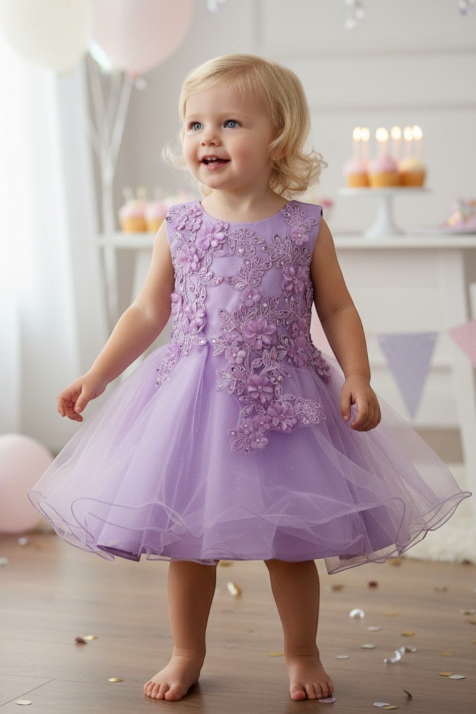 Lilac flower girl Dress Front View With Embroidered Bodice And Layered Tulle Skirt.