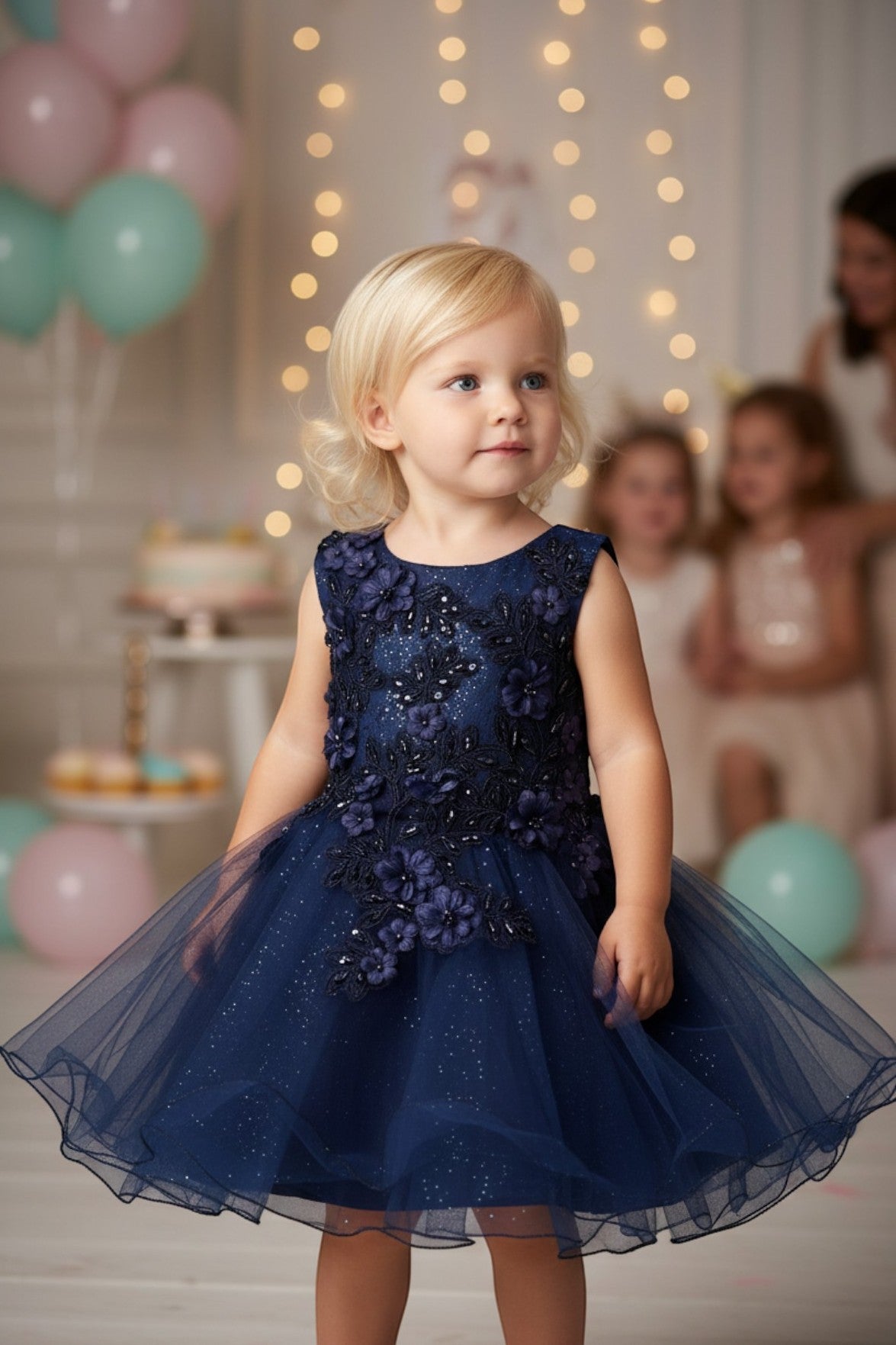 Navy flower girl Dress Front View With Embroidered Bodice And Layered Tulle Skirt.