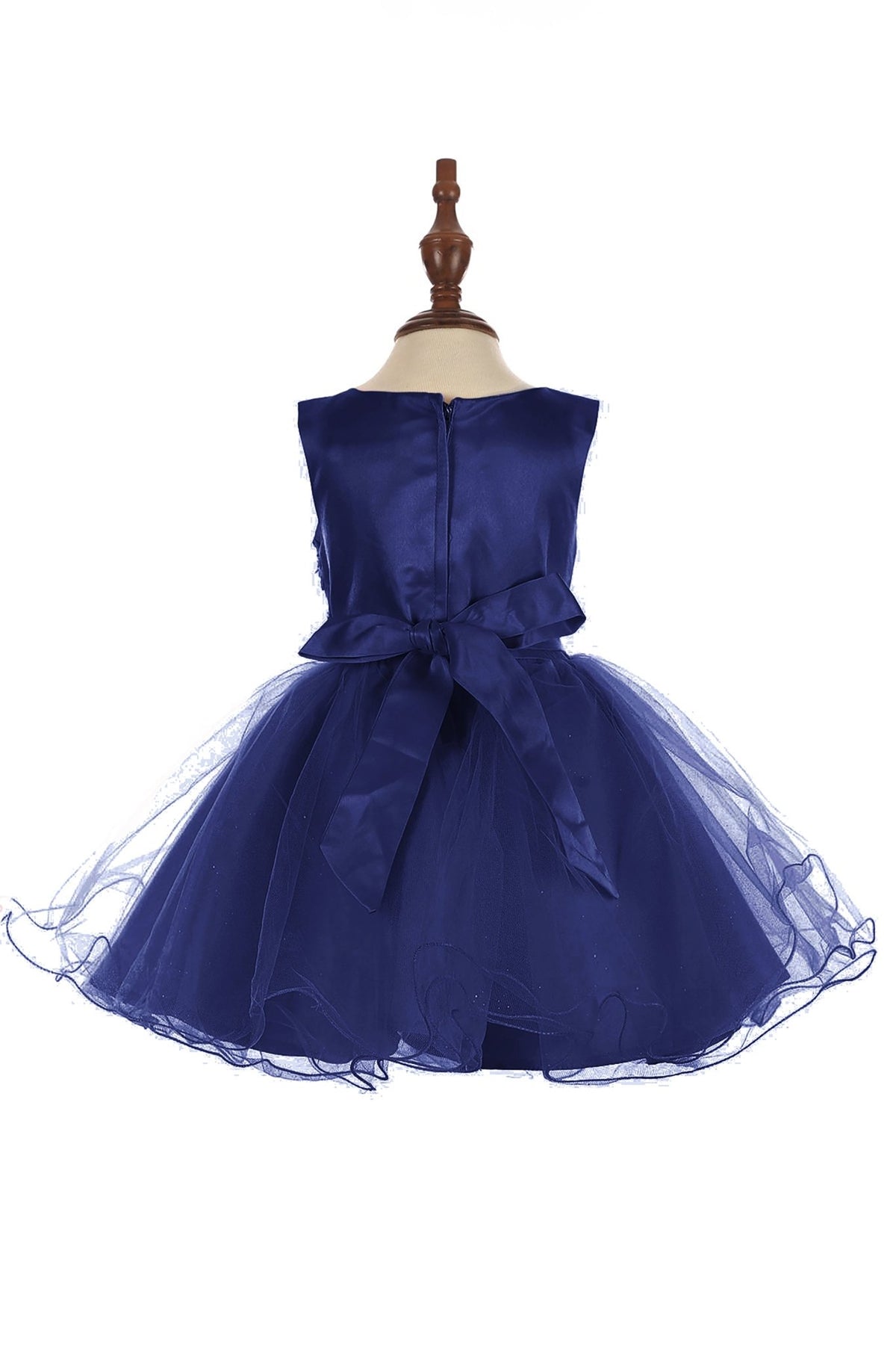 Front view of Navy Baby 3D Floral Lace Tulle flower girl dress.