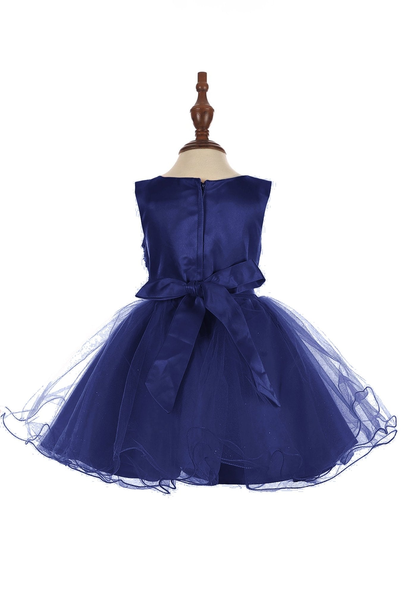 Front view of Navy Baby 3D Floral Lace Tulle flower girl dress.