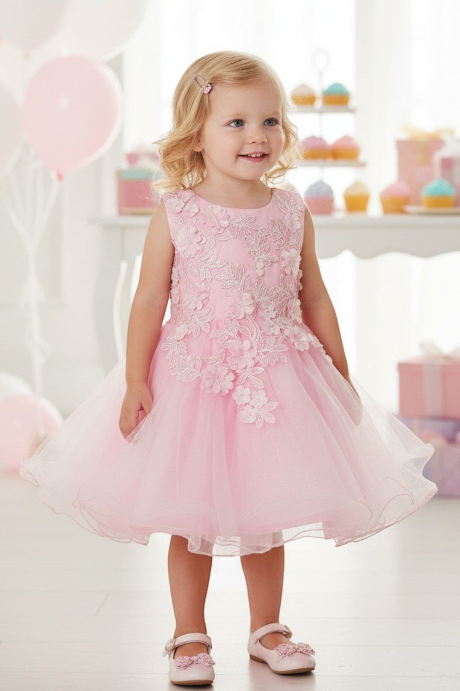 Pink flower girl Dress Front View With Embroidered Bodice And Layered Tulle Skirt.