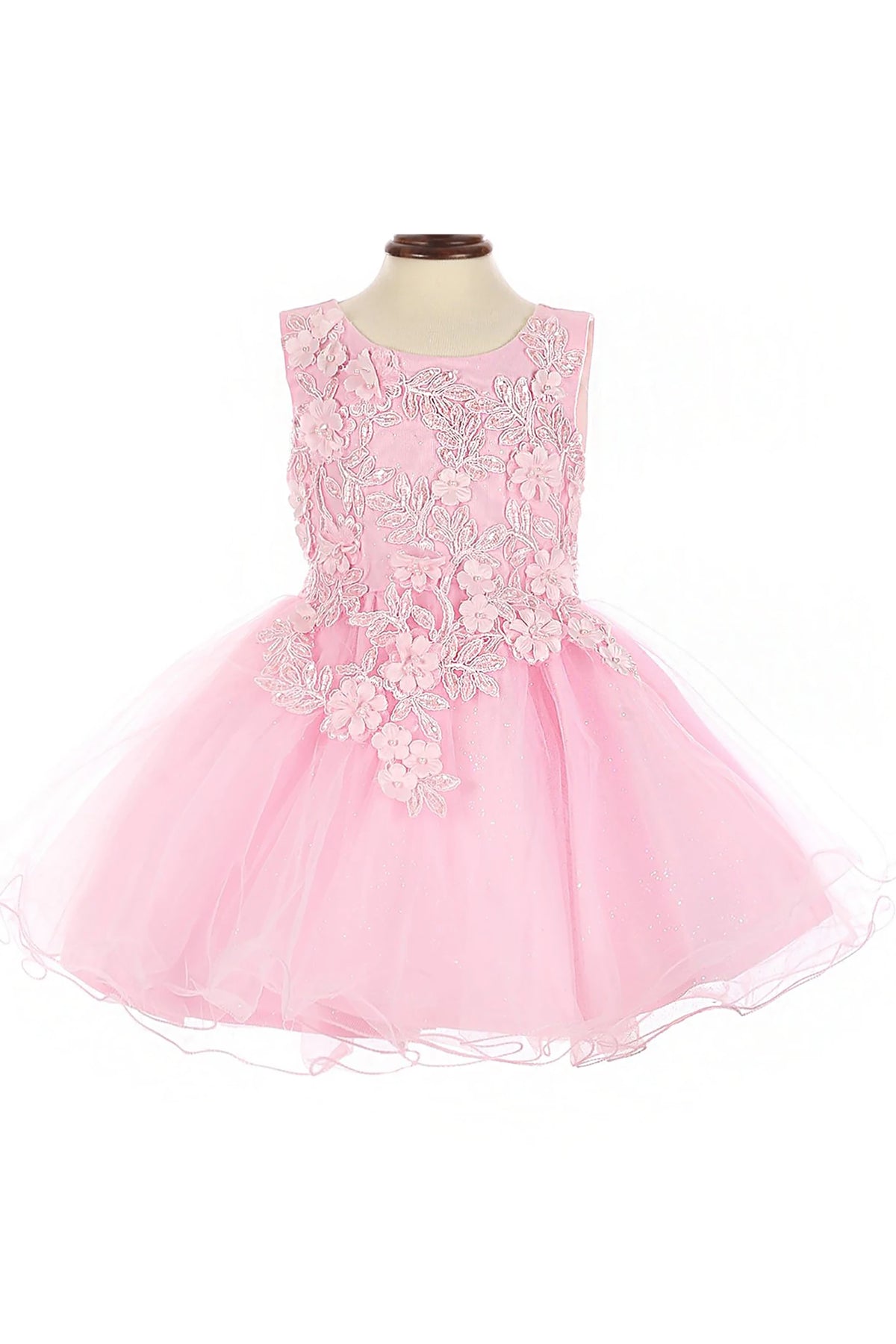 Pink flower girl dress with floral embroidery.