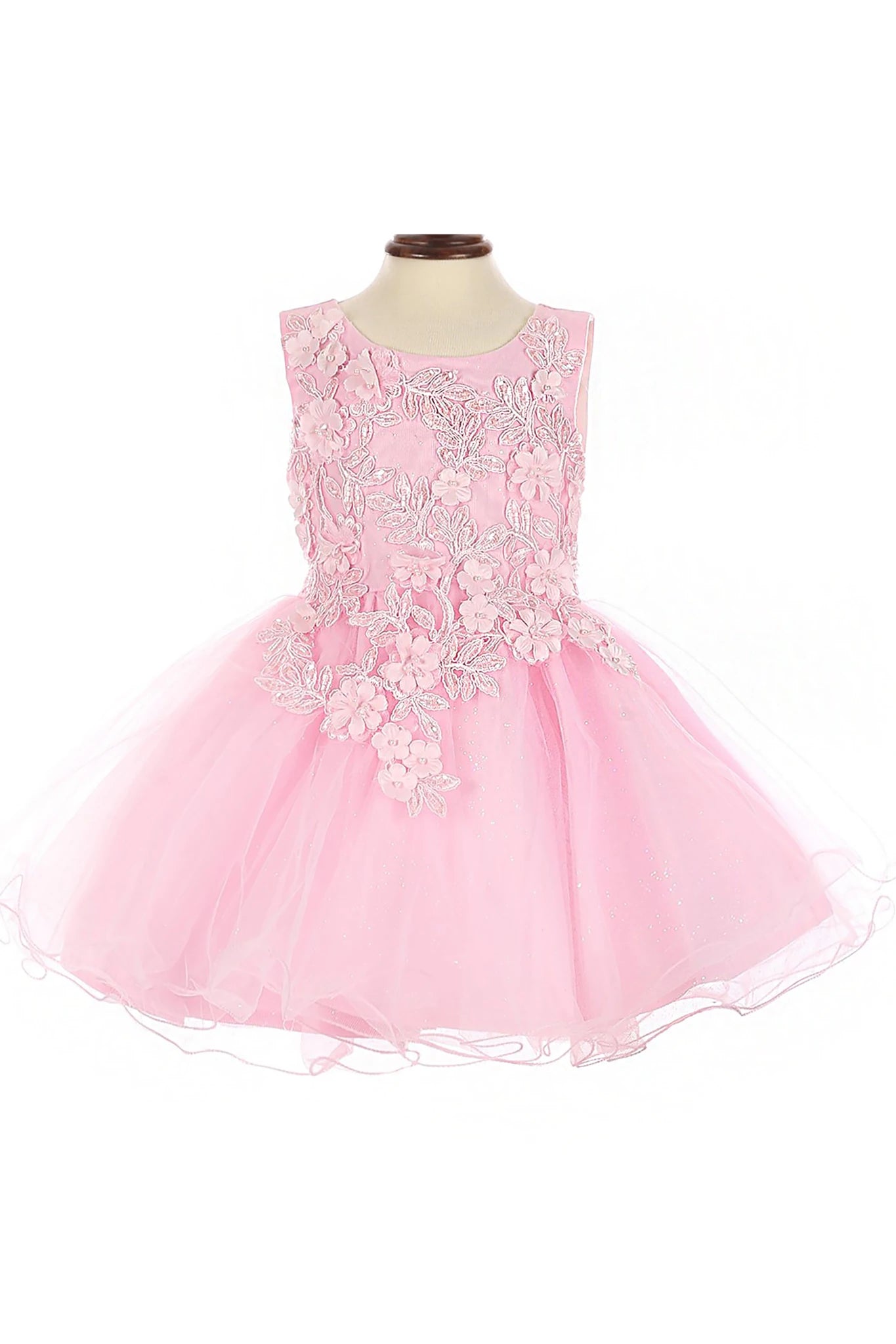 Pink flower girl dress with floral embroidery.