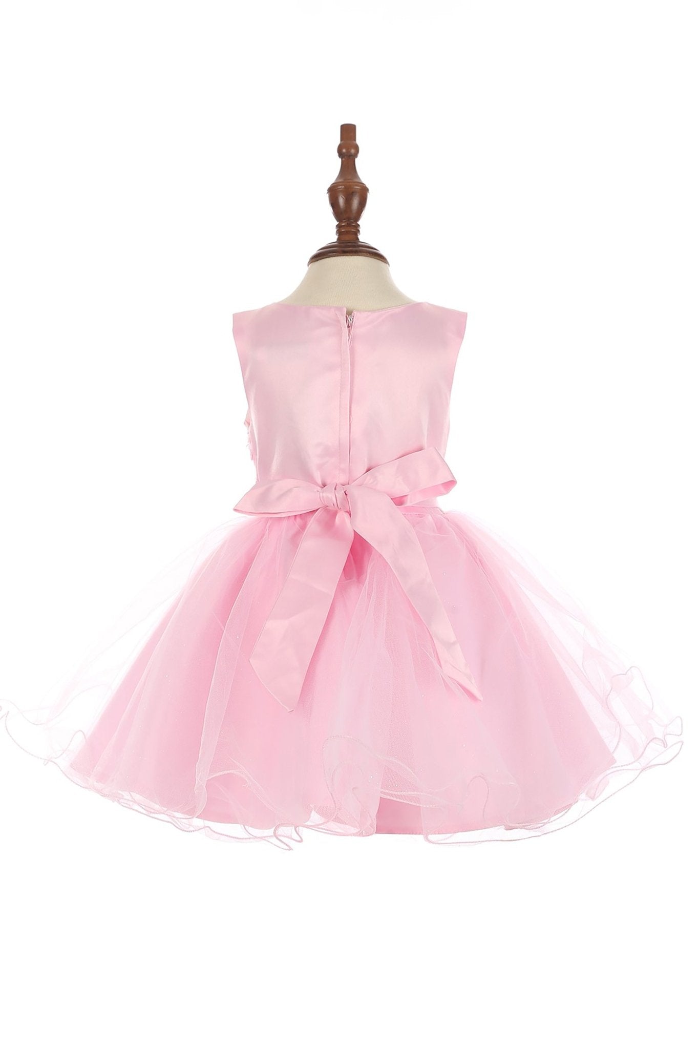 Front view of Pink Baby 3D Floral Lace Tulle flower girl dress.