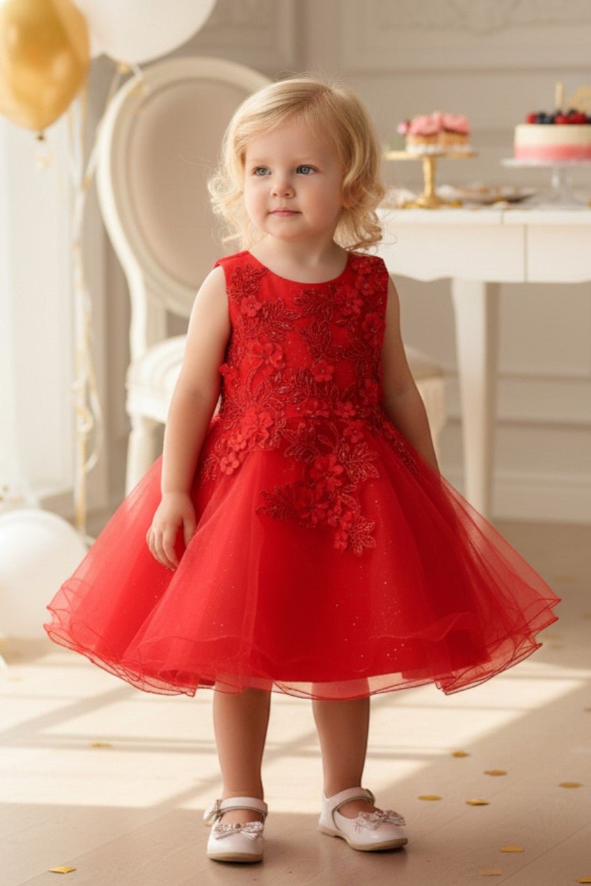 Red flower girl Dress Front View With Embroidered Bodice And Layered Tulle Skirt.
