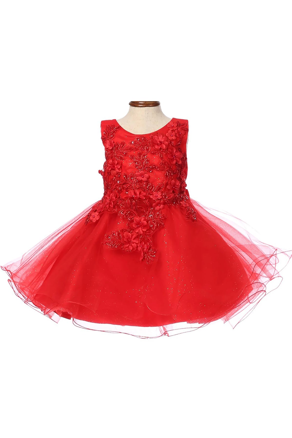 Red flower girl dress with floral details.
