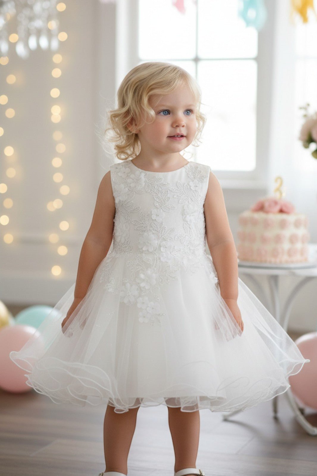 White flower girl Dress Front View With Layered Skirt And Oversized Bow Detail.