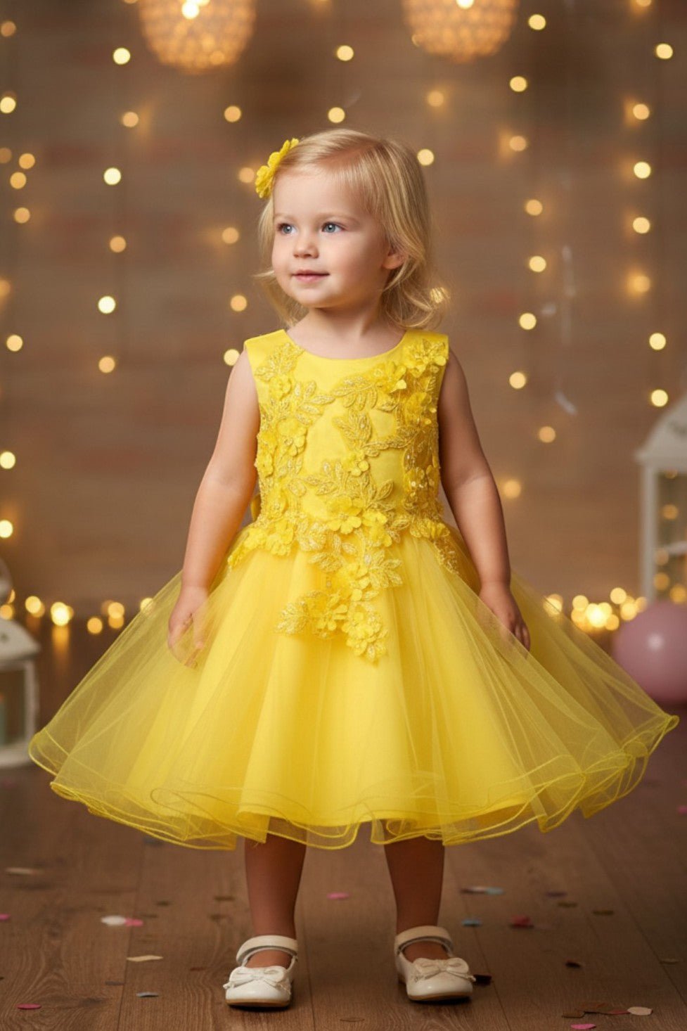 Yellow flower girl Dress Front View With Layered Skirt And Oversized Bow Detail.