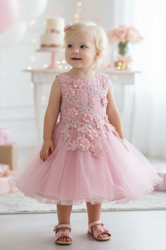 Kid Wearing Dusty Rose Flower Girl Dress Front View With Layered Skirt And Oversized Bow Detail