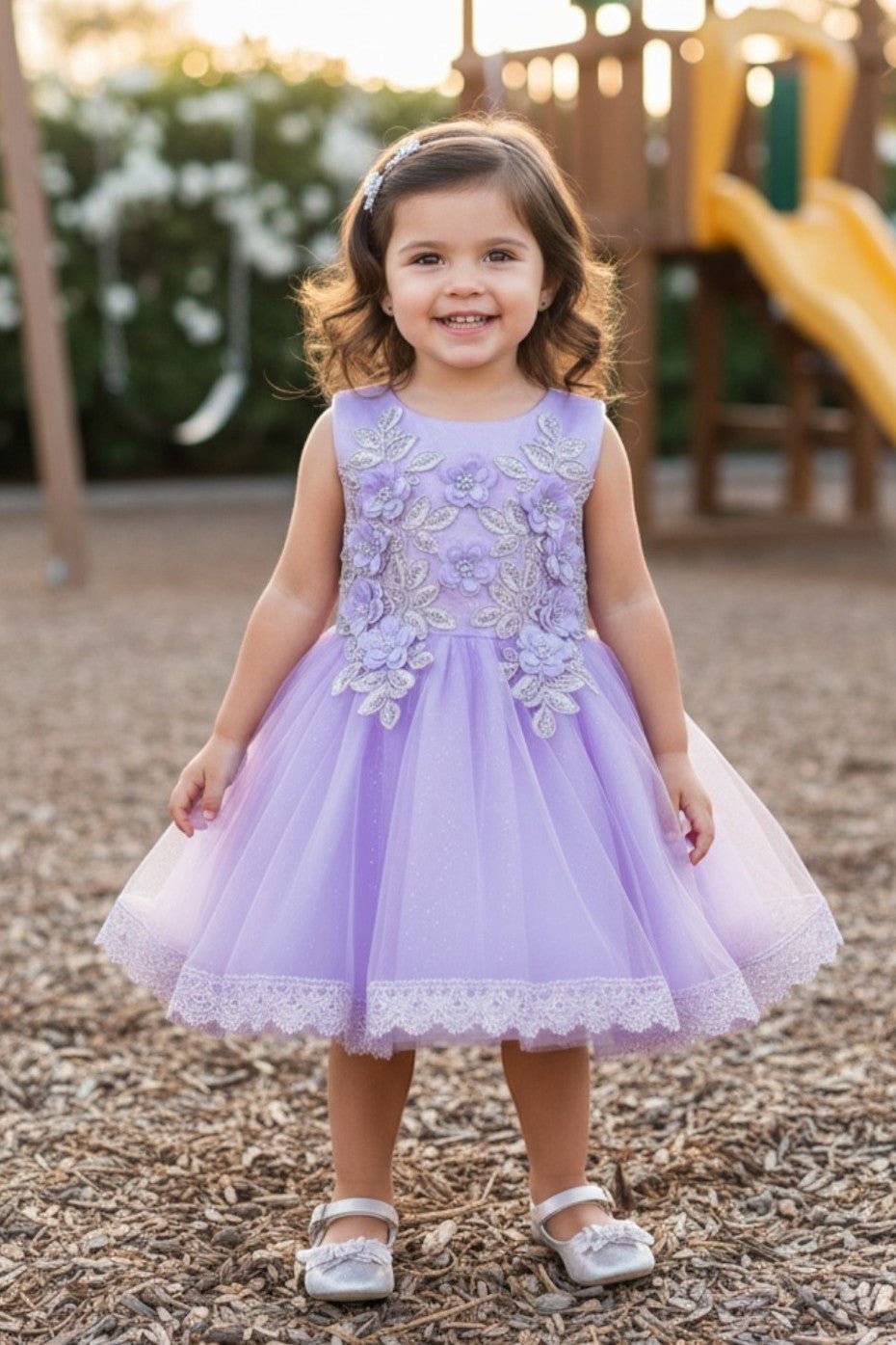 Lilac flower girl Dress Front View With Embroidered Bodice And Layered Tulle Skirt.