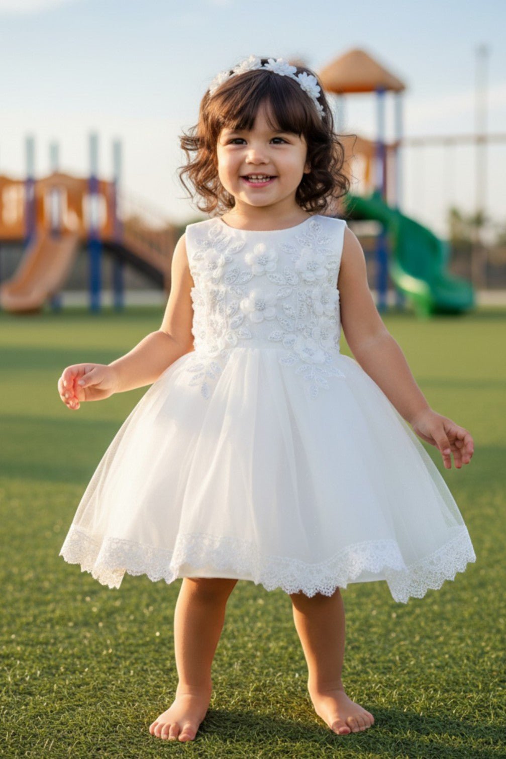 White flower girl Dress Front View With Floral Applique Bodice And Layered Tulle Skirt.