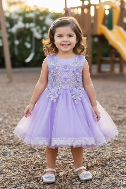 Kid Wearing Lilac Flower Girl Dress Front View With Embroidered Bodice And Layered Tulle Skirt
