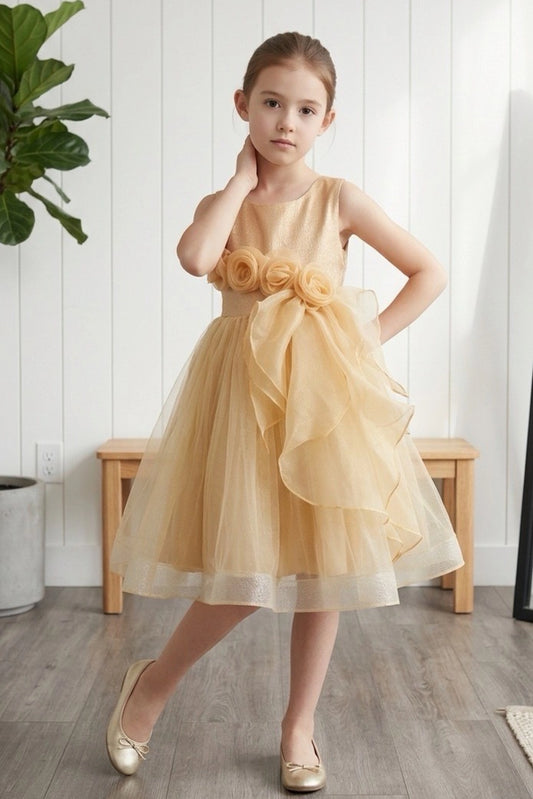 Champagne flower girl dress features three-dimensional flowers beside the draped skirt.