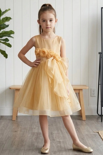 Visible on this Champagne flower girl dress: floral waist and draped tulle layers.