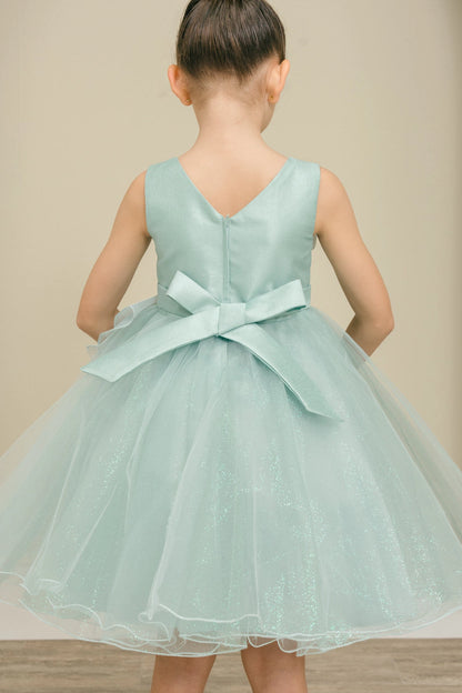 Notice the satin bow below the V-shaped back on this Sage flower girl dress.