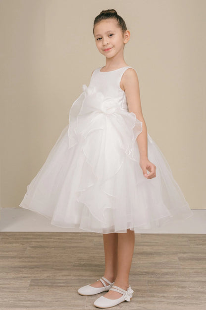 Featuring large fabric flowers and layered skirt ruffles on the White flower girl dress.