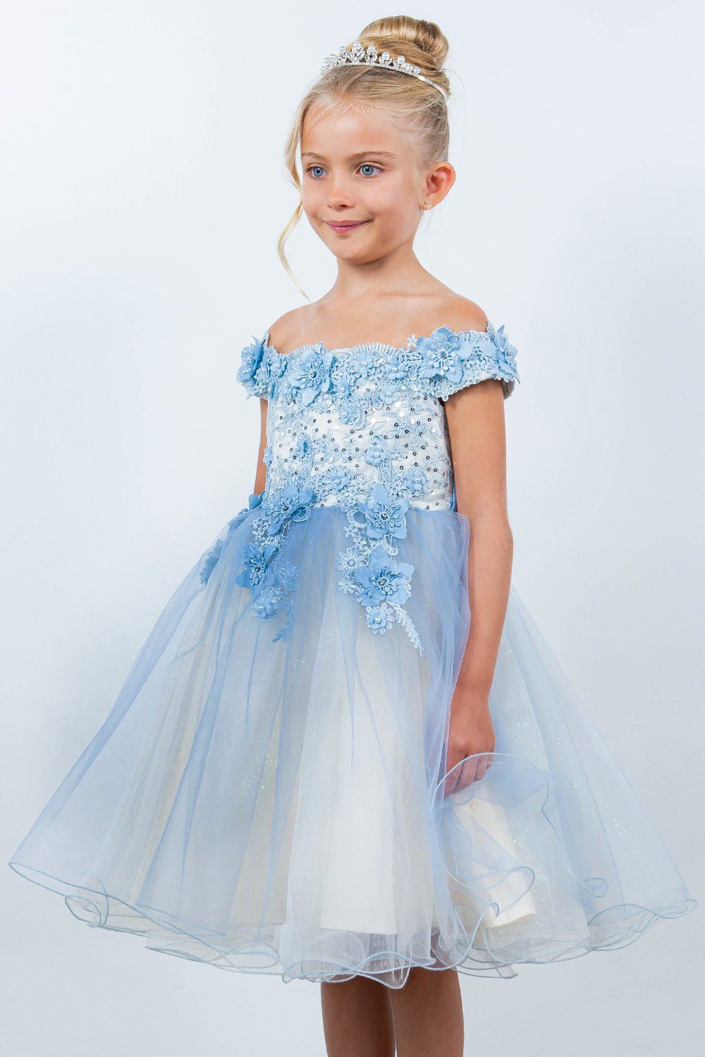 A light blue off-shoulder flower girl dress with floral details.