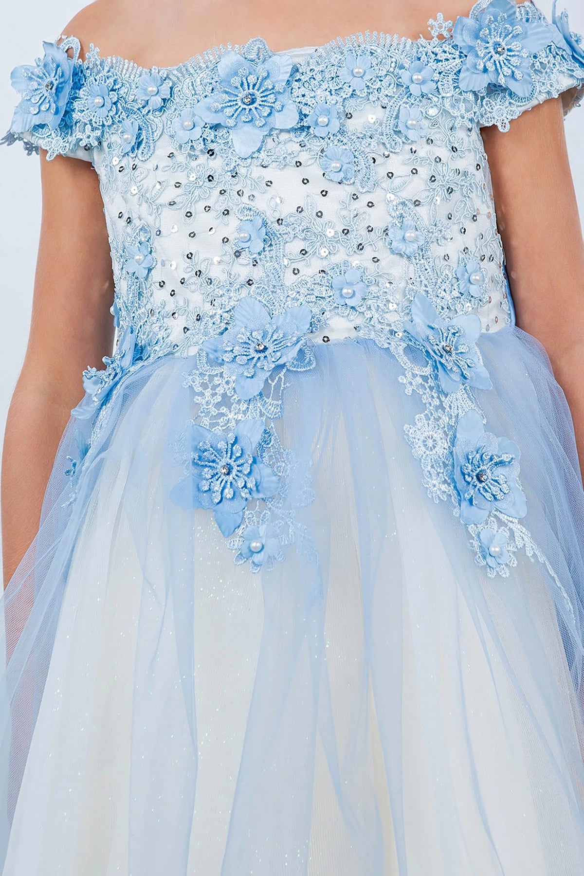 Blue floral and sequin flower girl dress.
