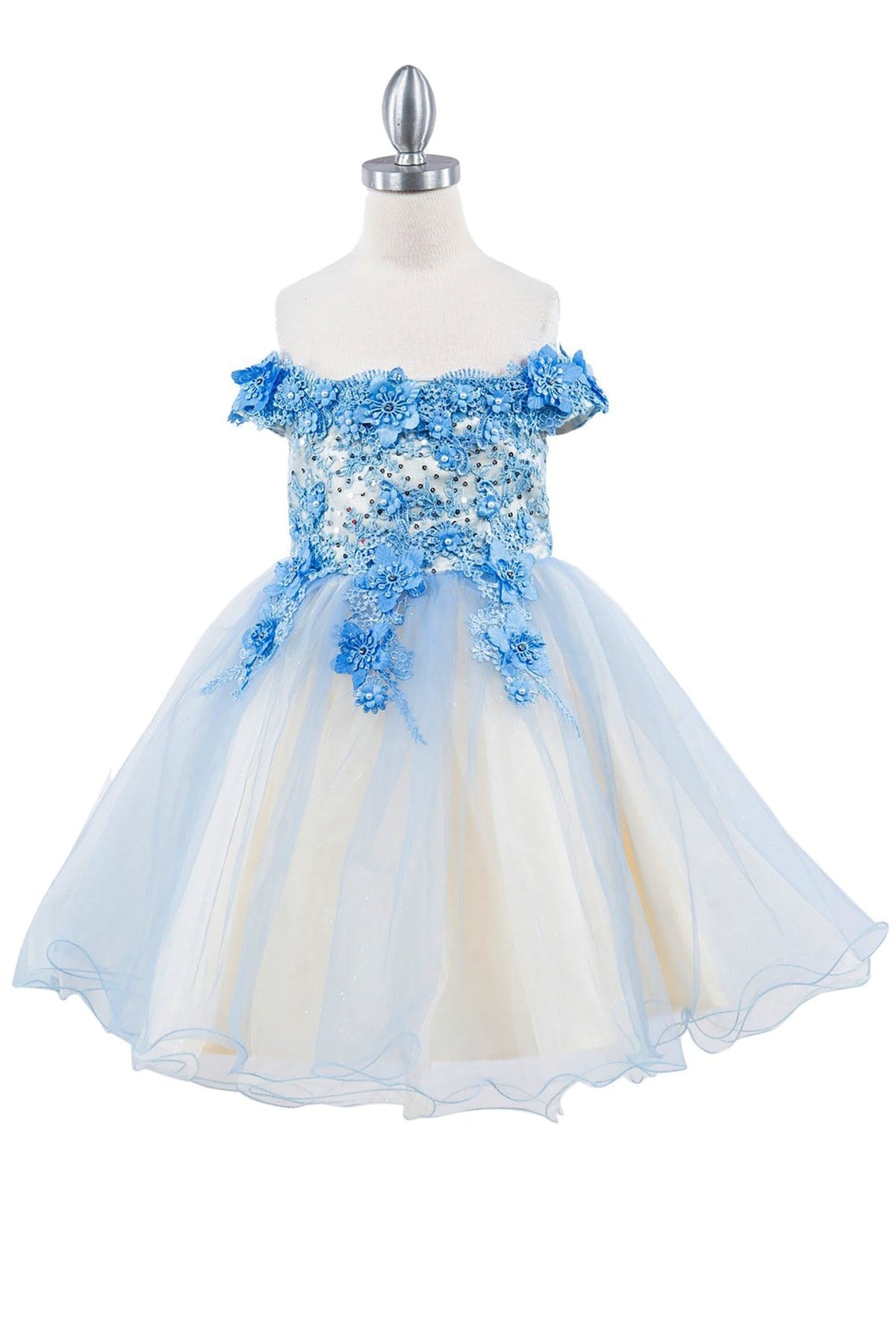 Front view of Blue Off-shoulder Two-tone Lace Adorned with 3D Floral flower girl dress.