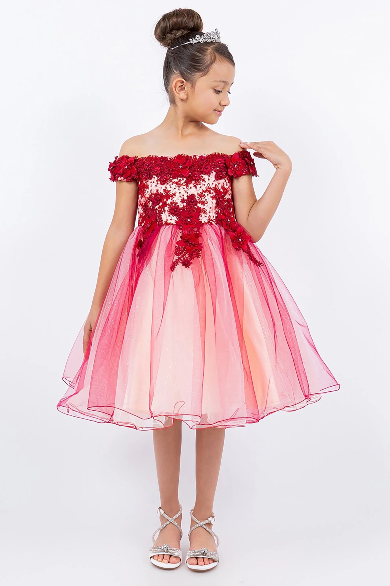A red & burgundy floral flower girl dress.