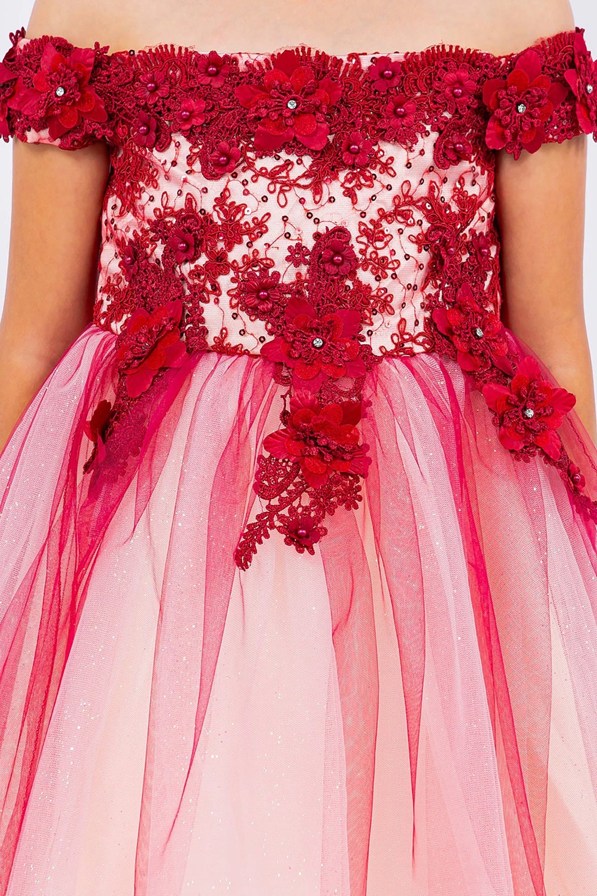 red & burgundy off-shoulder flower girl dress with floral embellishments.