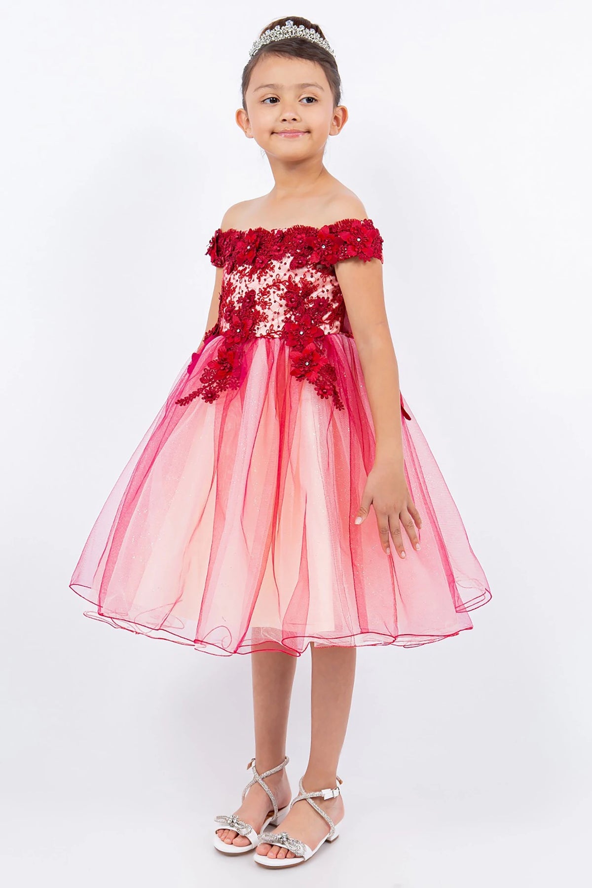 A red & burgundy flower girl dress with floral details.