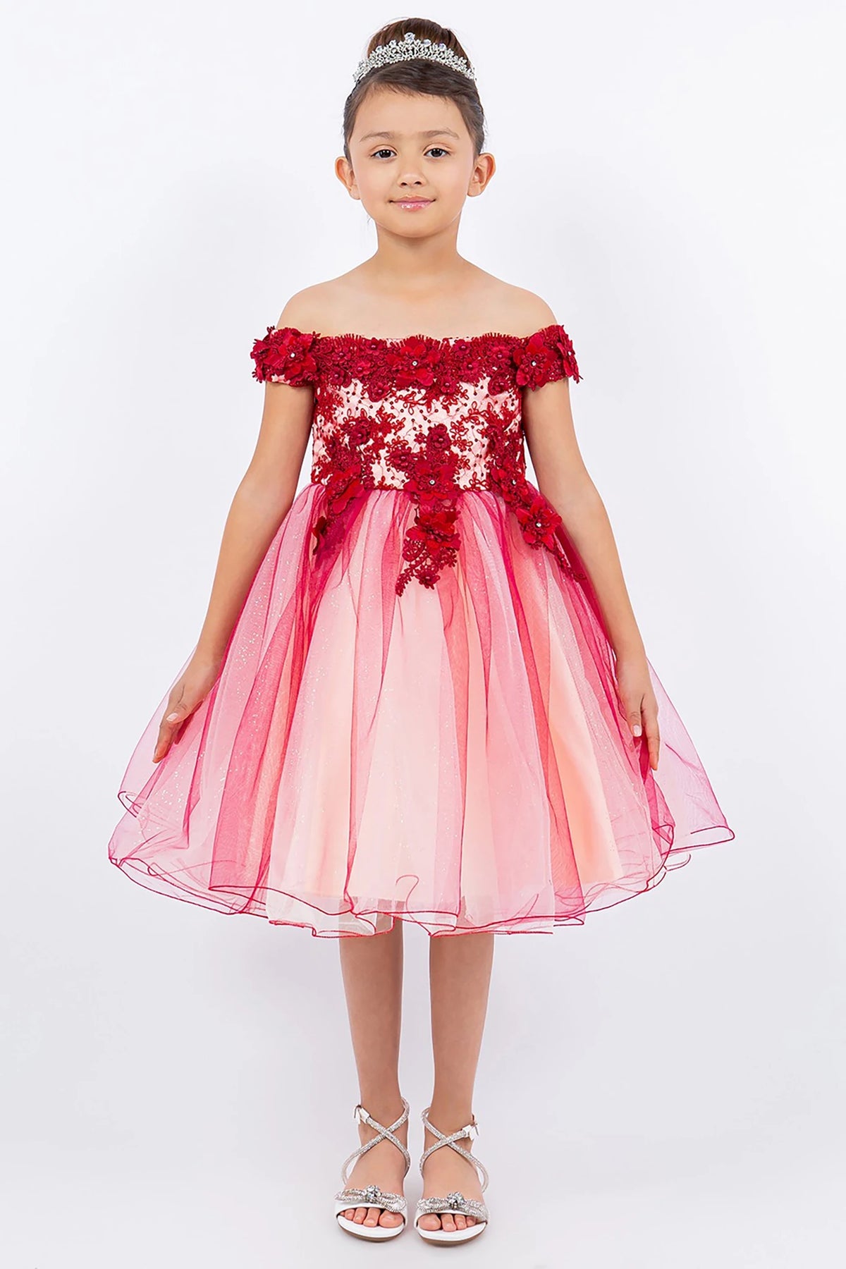 A red & burgundy off-shoulder flower girl dress with floral details.