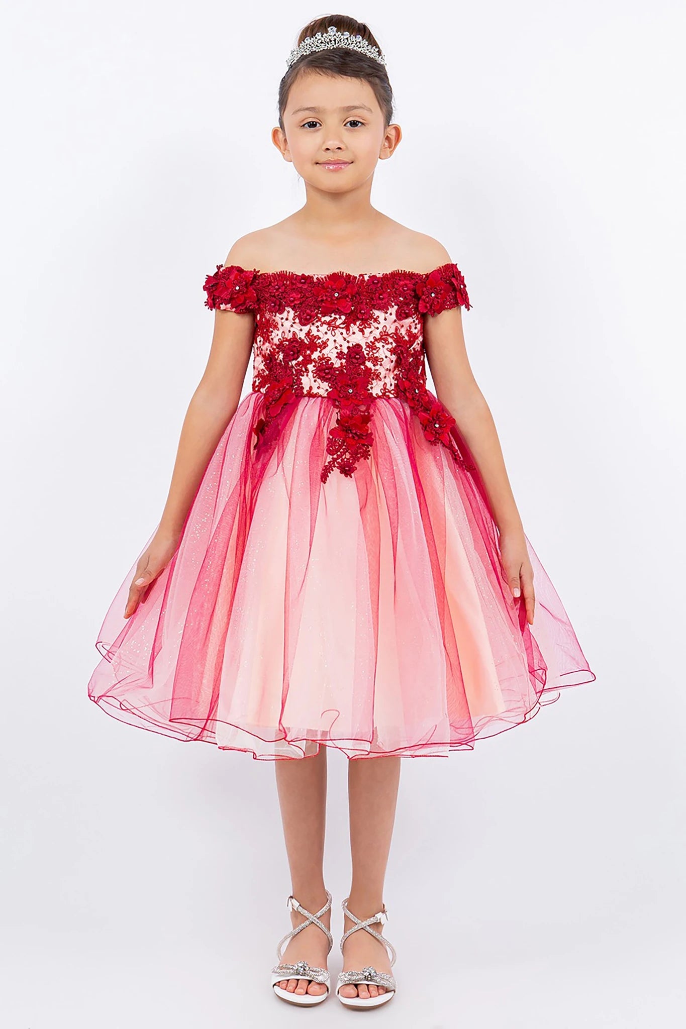A red & burgundy off-shoulder flower girl dress with floral details.