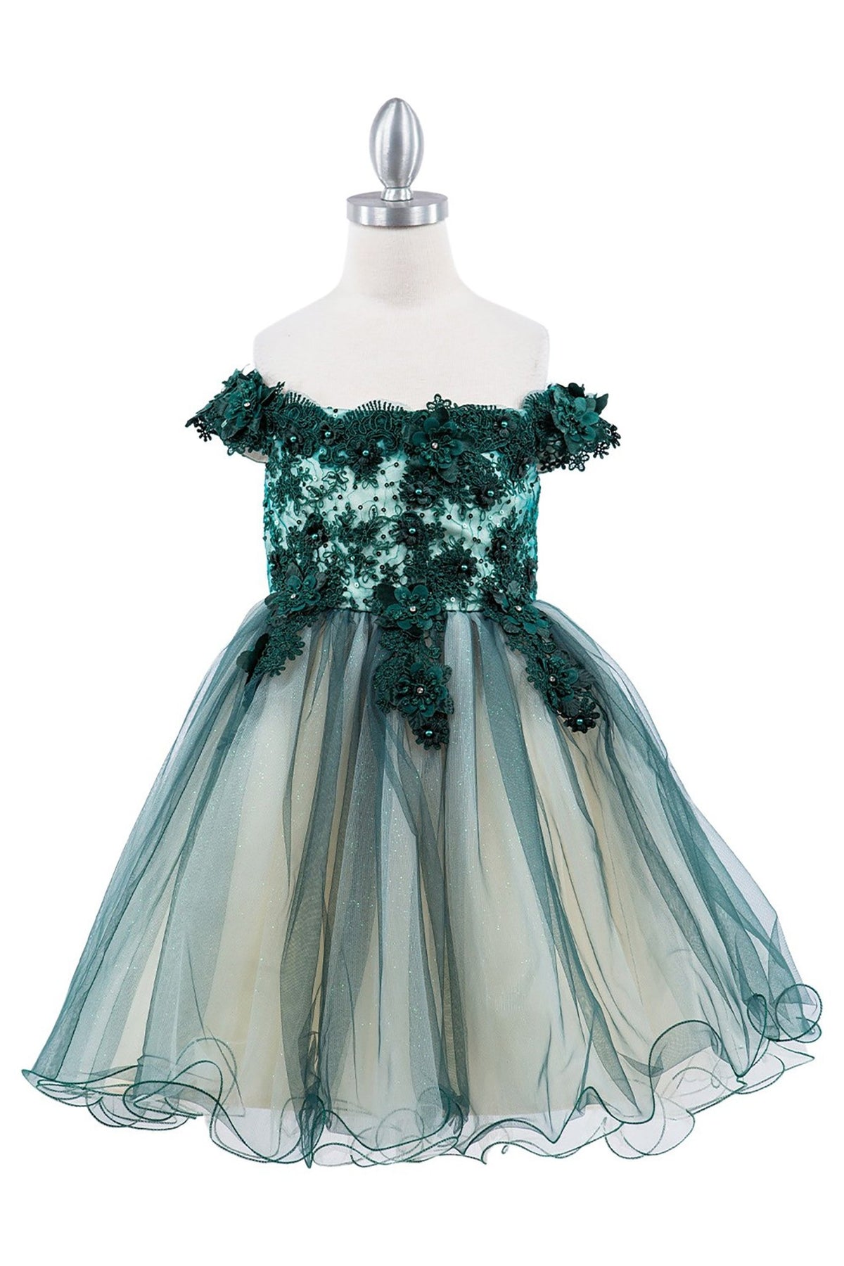 Front view of green Hunter Green Off-shoulder Two-tone Lace Adorned with 3D Floral flower girl dress.