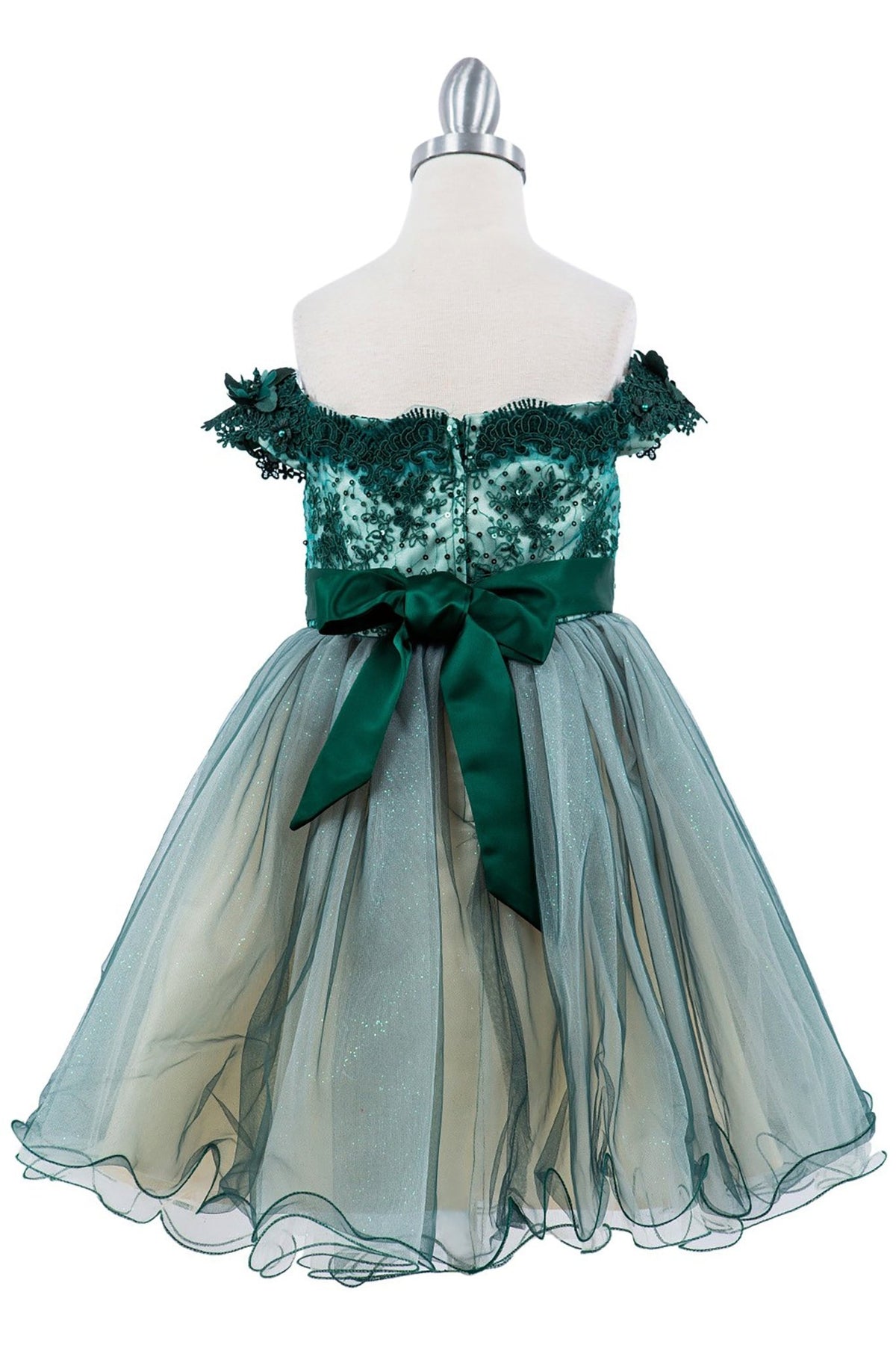 Back view of green Hunter Green Off-shoulder Two-tone Lace Adorned with 3D Floral flower girl dress.